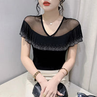 Women's Mesh Ruffle V-Neck Top | Butterfly Sleeve, Diamond Detail, Beach Summer Tee