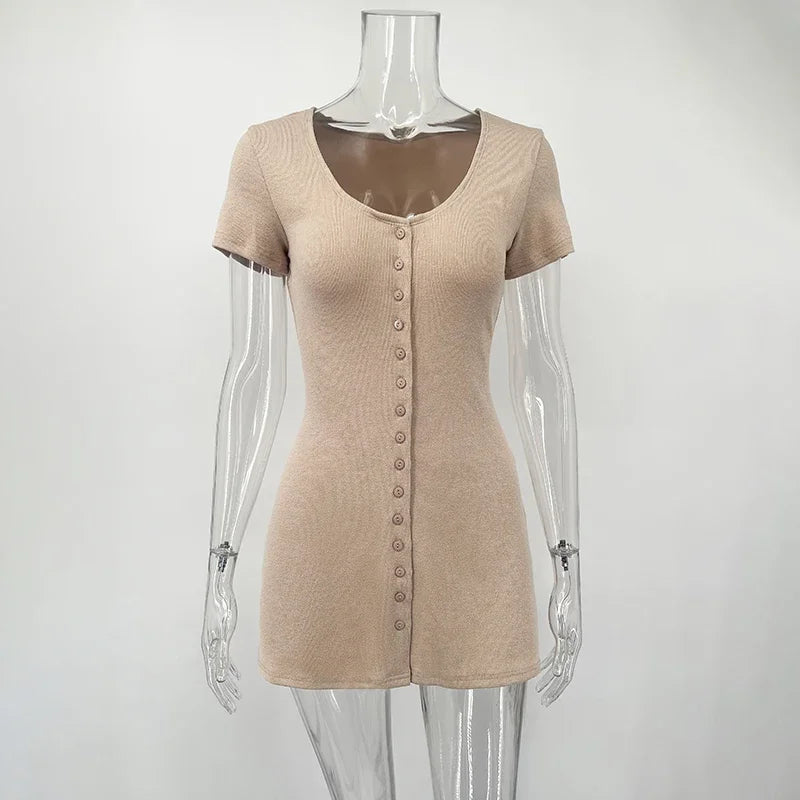 Vestido Tejido Mini Mujer - Cuello V con Botones Manga Corta Elástico Verano 2025
