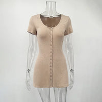 Vestido Tejido Mini Mujer - Cuello V con Botones Manga Corta Elástico Verano 2025