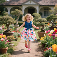 Girls Butterfly Flower Print Dress | Denim Splicing A-Line Skirt | Ages 2–10