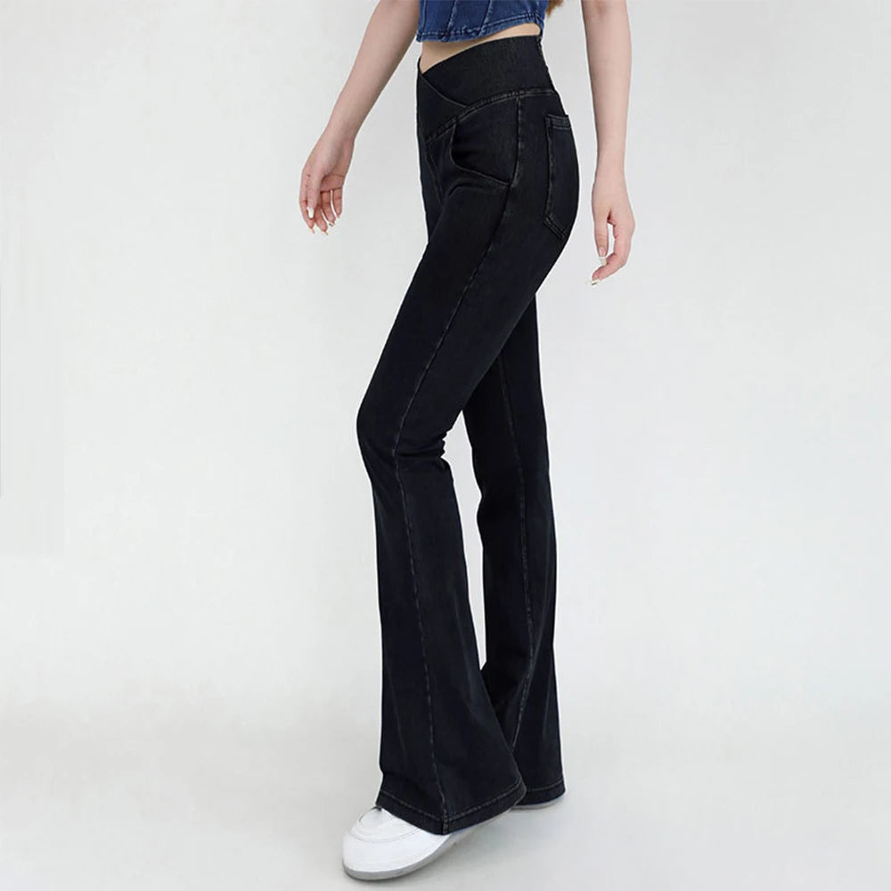Women's High-Waist Bell Bottom Yoga Pants - 4-Way Stretch Denim Flare