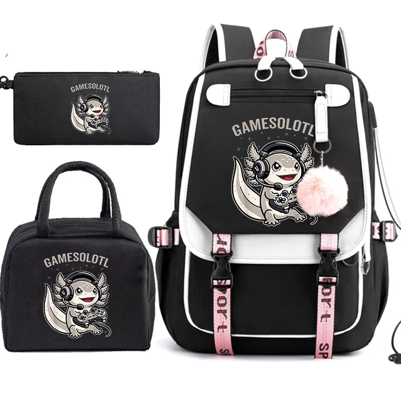Mochila Escolar Anime Boba Axolotl con Lonchera y Estuche - Set 3 Piezas para Adolescentes