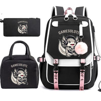 Mochila Escolar Anime Boba Axolotl con Lonchera y Estuche - Set 3 Piezas para Adolescentes