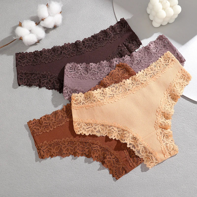 FINETOO 4PCS Sexy Lace Cotton Panties Women Brazilian Panties Ladies Sexy Low Waist Elastic T-Back Bikini Solid Soft Lingerie