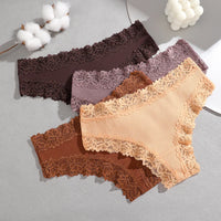 FINETOO 4PCS Sexy Lace Cotton Panties Women Brazilian Panties Ladies Sexy Low Waist Elastic T-Back Bikini Solid Soft Lingerie