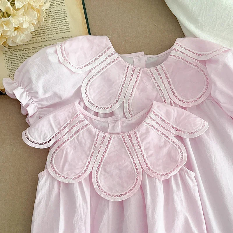 Baby Girls Petal Collar Cotton Romper | Sleeveless Patchwork Jumpsuit, Ages 0–24M