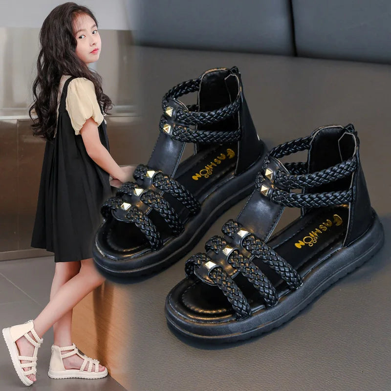 Mumoresip Girls Roman Gladiator Sandals - Braided High-Top Summer Shoes