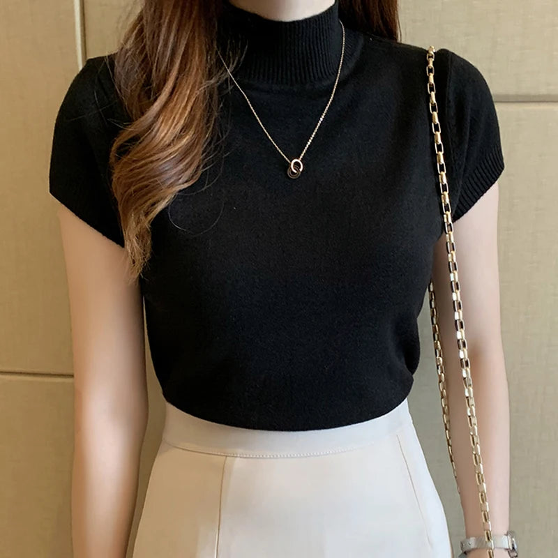 Korean Knit Slim Turtleneck Blouse – Solid Short Sleeve Women's Top