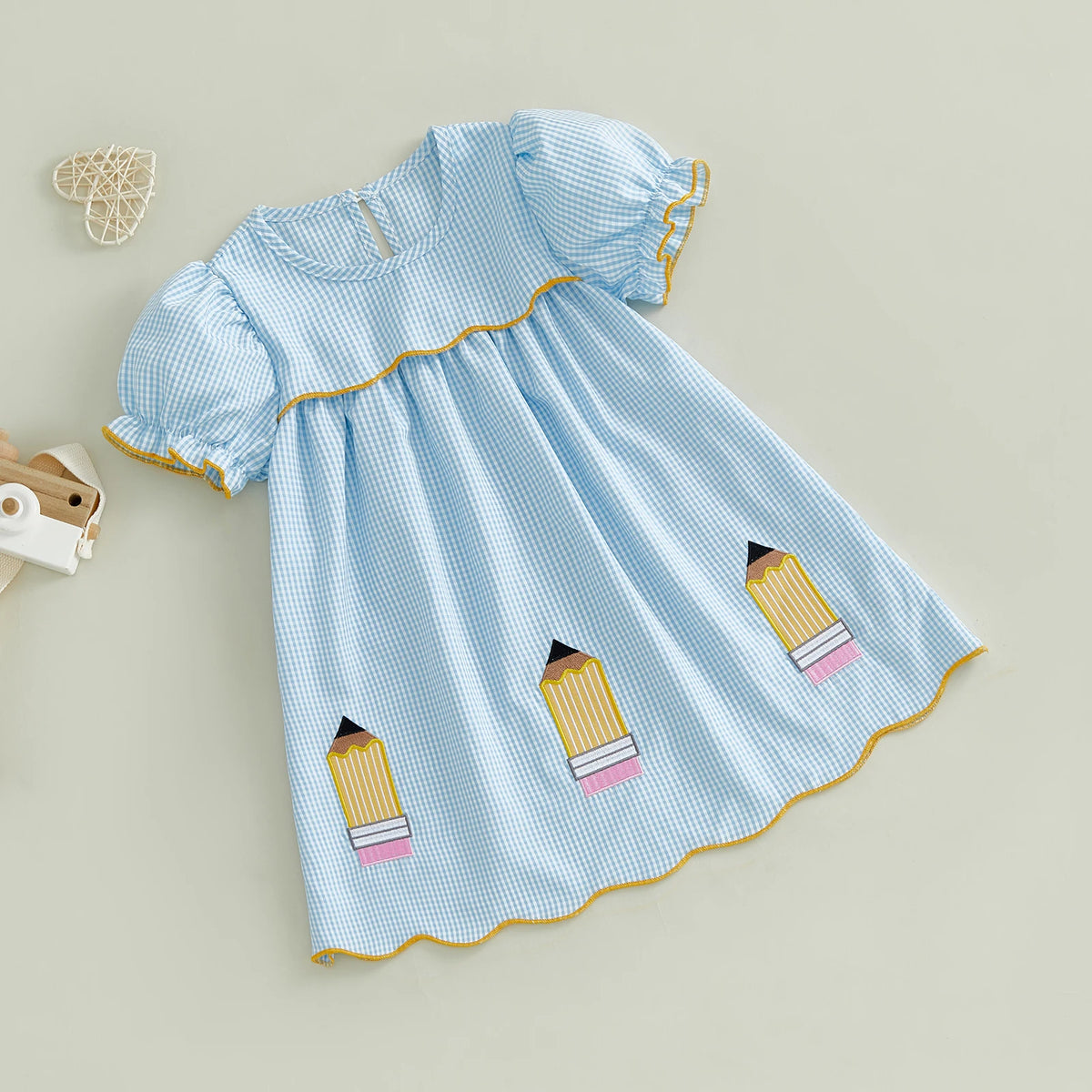FOCUSNORM 2-8Y Toddler Kids Girl A-line Dress Short Sleeve Crew Neck Plaid Embroidery Pencil Summer Dress Back to School Clothes