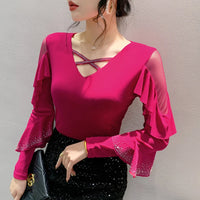 Korean Mesh Ruffle Top with Hot Diamonds | Long Sleeve Slim Fit Women's Shirt