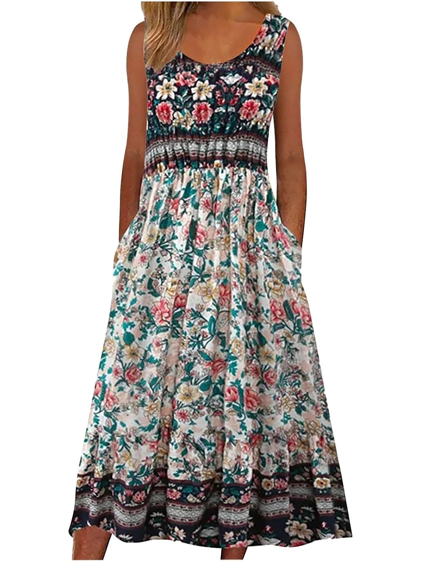 Bohemian Floral Sleeveless Midi Sundress with Pockets | Loose Casual Beach Women's Dress