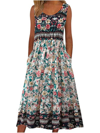 Bohemian Floral Sleeveless Midi Sundress with Pockets | Loose Casual Beach Women's Dress
