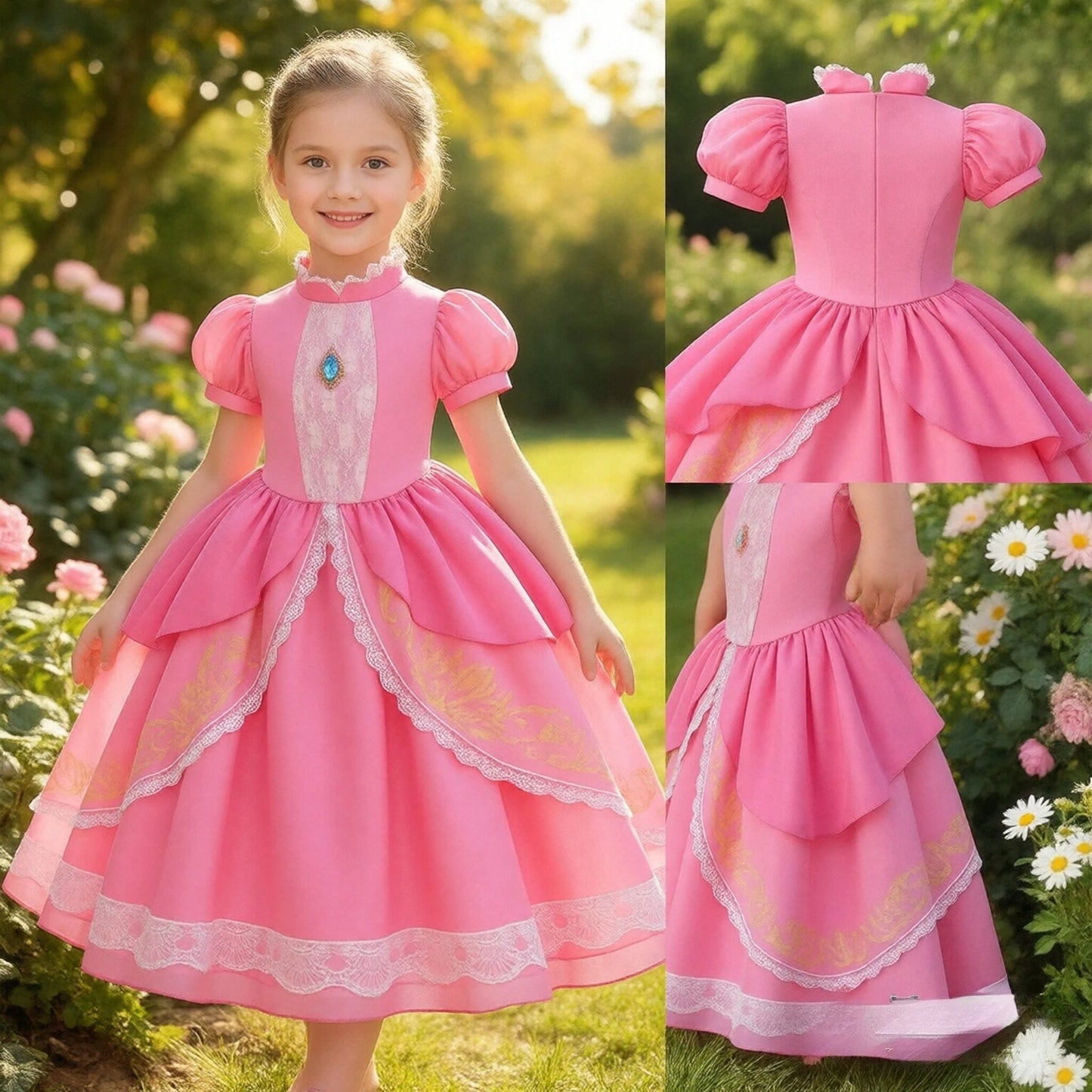 Lace Puff Sleeve Ball Gown – Elegant Princess Party Dress for Girls Ages 4–8