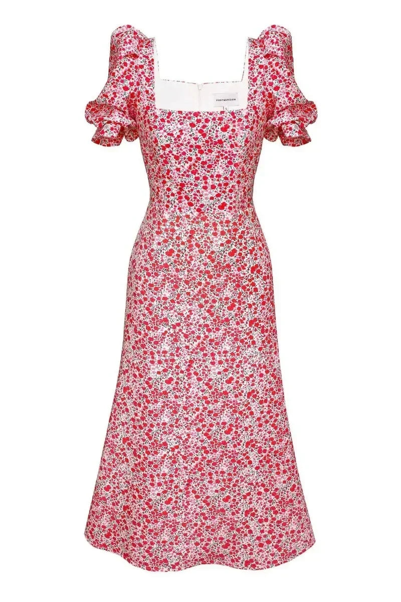 Vestido Midi Floral Coreano - Manga Corta Abullonada Elegante para Mujer