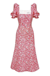 Vestido Midi Floral Coreano - Manga Corta Abullonada Elegante para Mujer