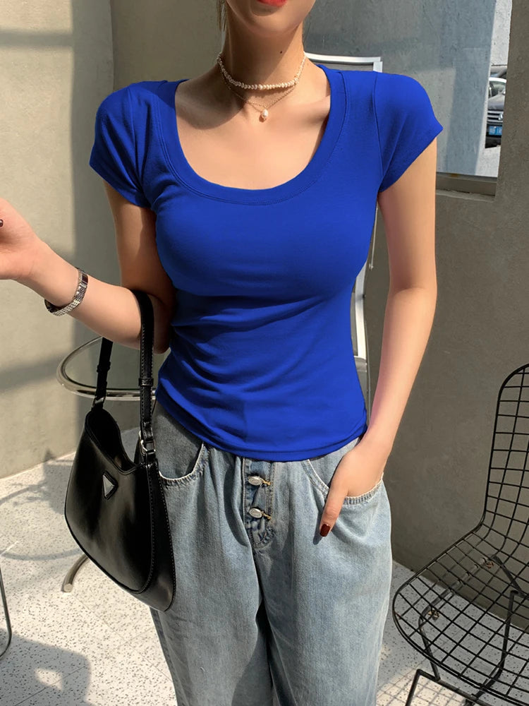 Camiseta Mujer 100% Algodón - Cuello Redondo Slim Fit Básica Coreana Verano 2025