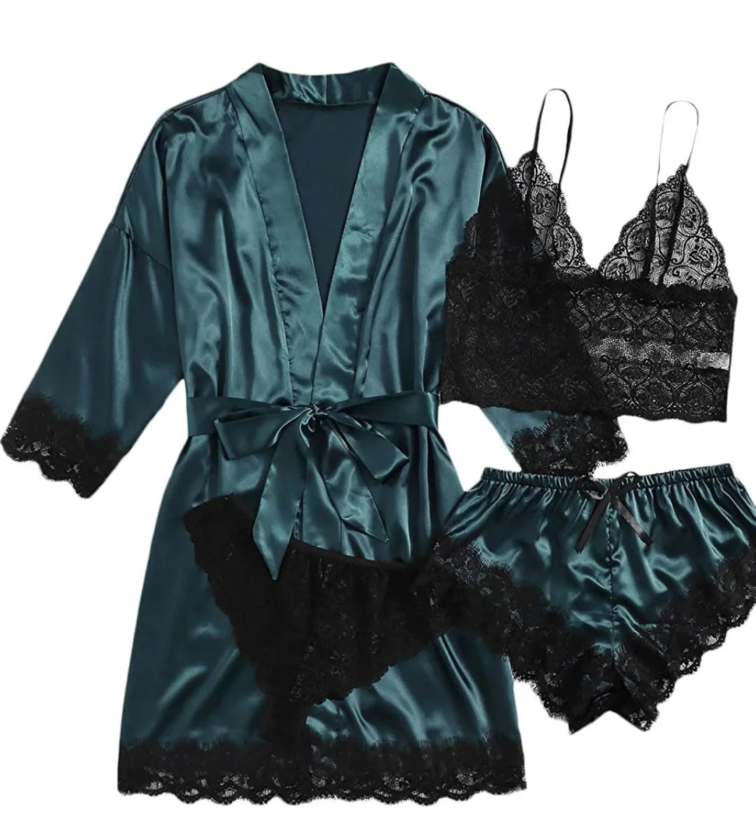 Conjunto Pijama Sexy 4 Piezas con Encaje - Camisola, Shorts, Bata y Lencería Mujer