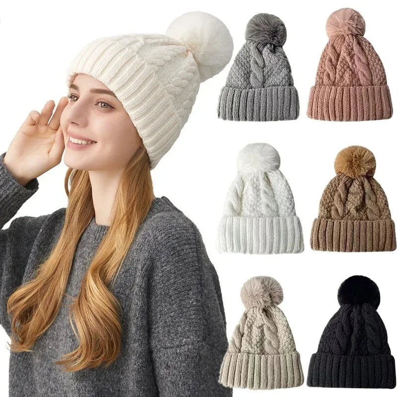 Gorro Invierno Mujer Pompón Piel - Tejido Twist Plush Beanie Ski Snow Cálido