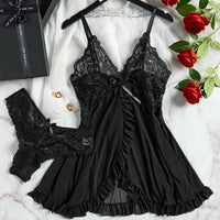 Conjunto de Lencería de Encaje 2 Piezas - Camisón Transparente con Sostén y Panty
