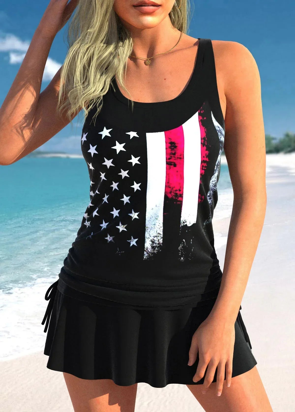 New Summer High Elastic Bikini Set Wave Stripe Print Two Piece Tank Top Sexy Women's Beach Swimsuit S-6XL