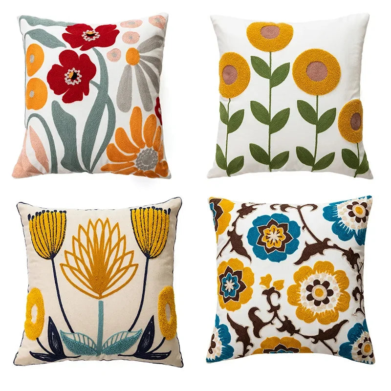Floral Embroidered Cotton Pillow Cover - Rustic Decorative Cushion Case
