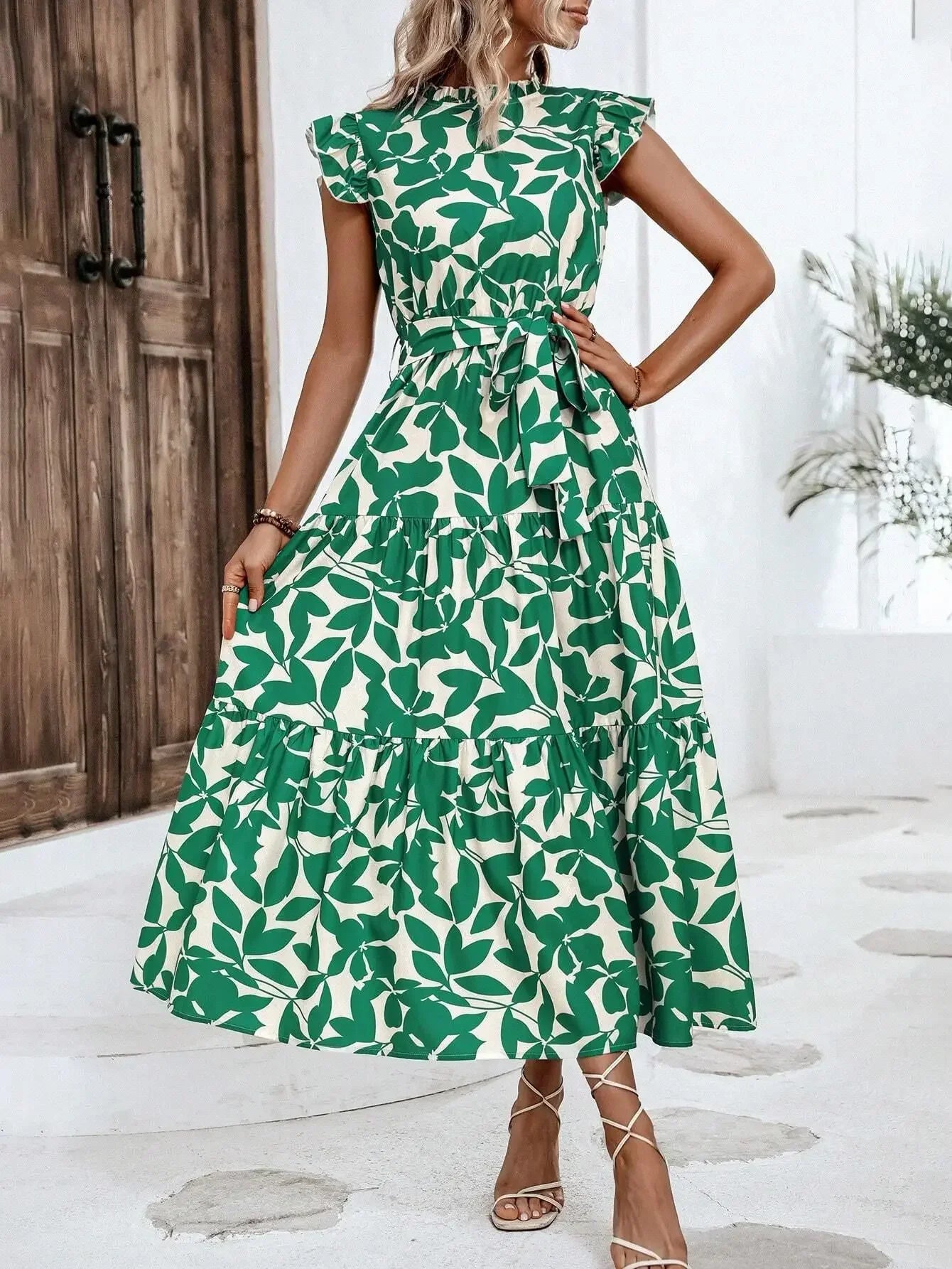 Floral Flying Sleeve Lace-Up Fairy Dress | A-Line Midi Women's Summer Dress