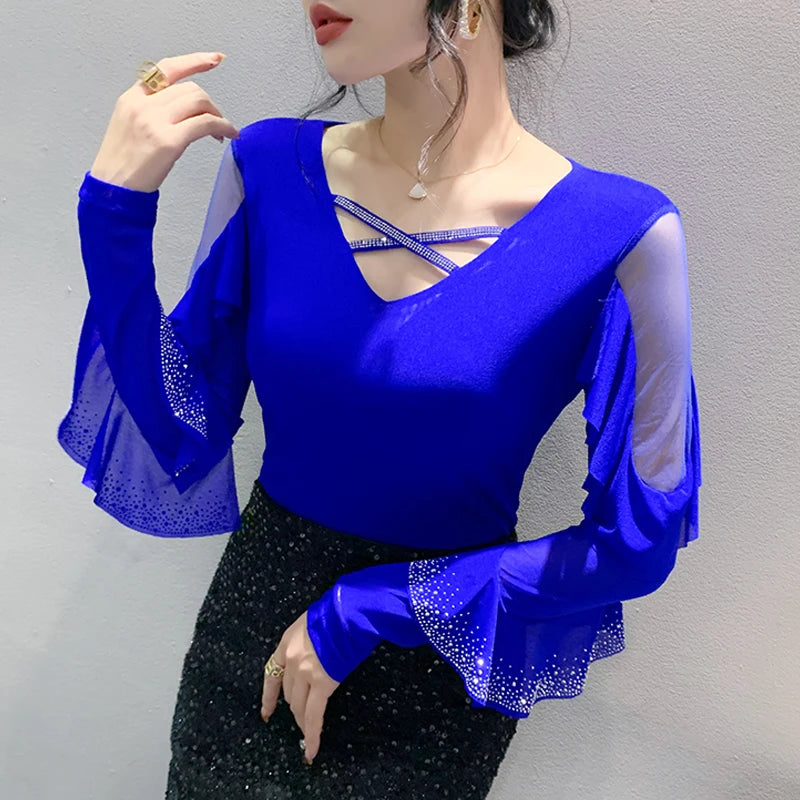Korean Mesh Ruffle Top with Hot Diamonds | Long Sleeve Slim Fit Women's Shirt