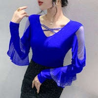 Korean Mesh Ruffle Top with Hot Diamonds | Long Sleeve Slim Fit Women's Shirt