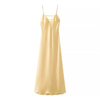 Vestido Satinado Amarillo Mujer - Maxi Vestido Cuello V Sin Mangas para Fiesta y Vacaciones