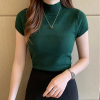 Korean Knit Slim Turtleneck Blouse – Solid Short Sleeve Women's Top