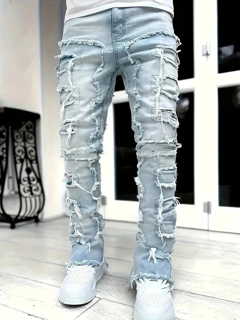 Y2k hip-hop style fringed jeans, men's casual street style stretch jeans