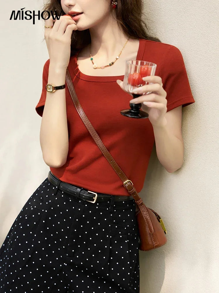 Camiseta Mujer Cuello Cuadrado - Manga Corta Algodón Elegante Oficina Primavera