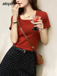 Camiseta Mujer Cuello Cuadrado - Manga Corta Algodón Elegante Oficina Primavera