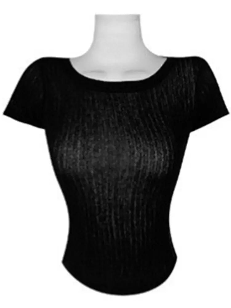 Camiseta Mujer Coreana Acanalada - Cuello Redondo Slim Fit con Abertura Verano 2025