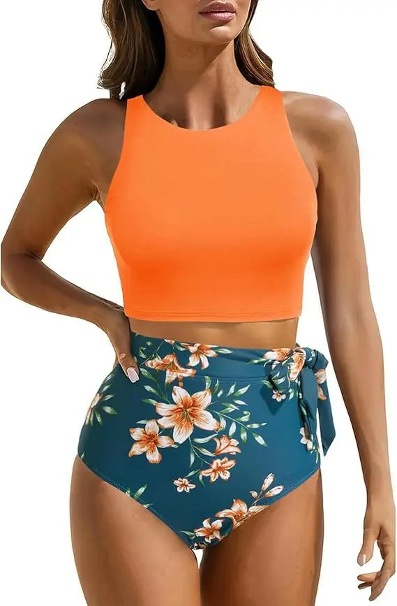 Women's High Waist Bandeau Bikini Set | Solid Color Sporty Swimwear | 2-Piece