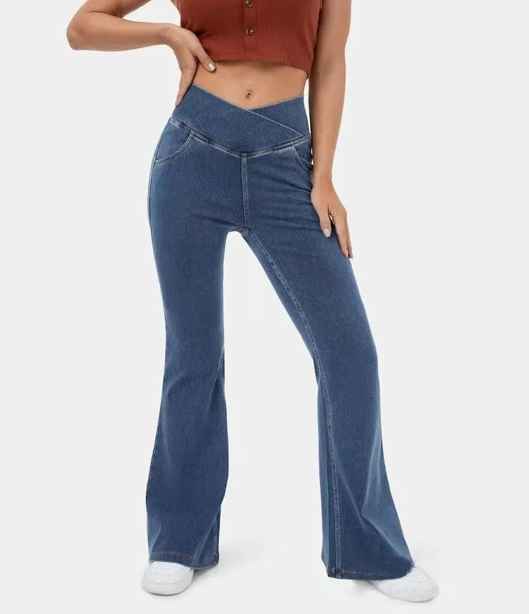 Women's High-Waist Crossover Flare Denim Pants - Hip-Lifting Stretch