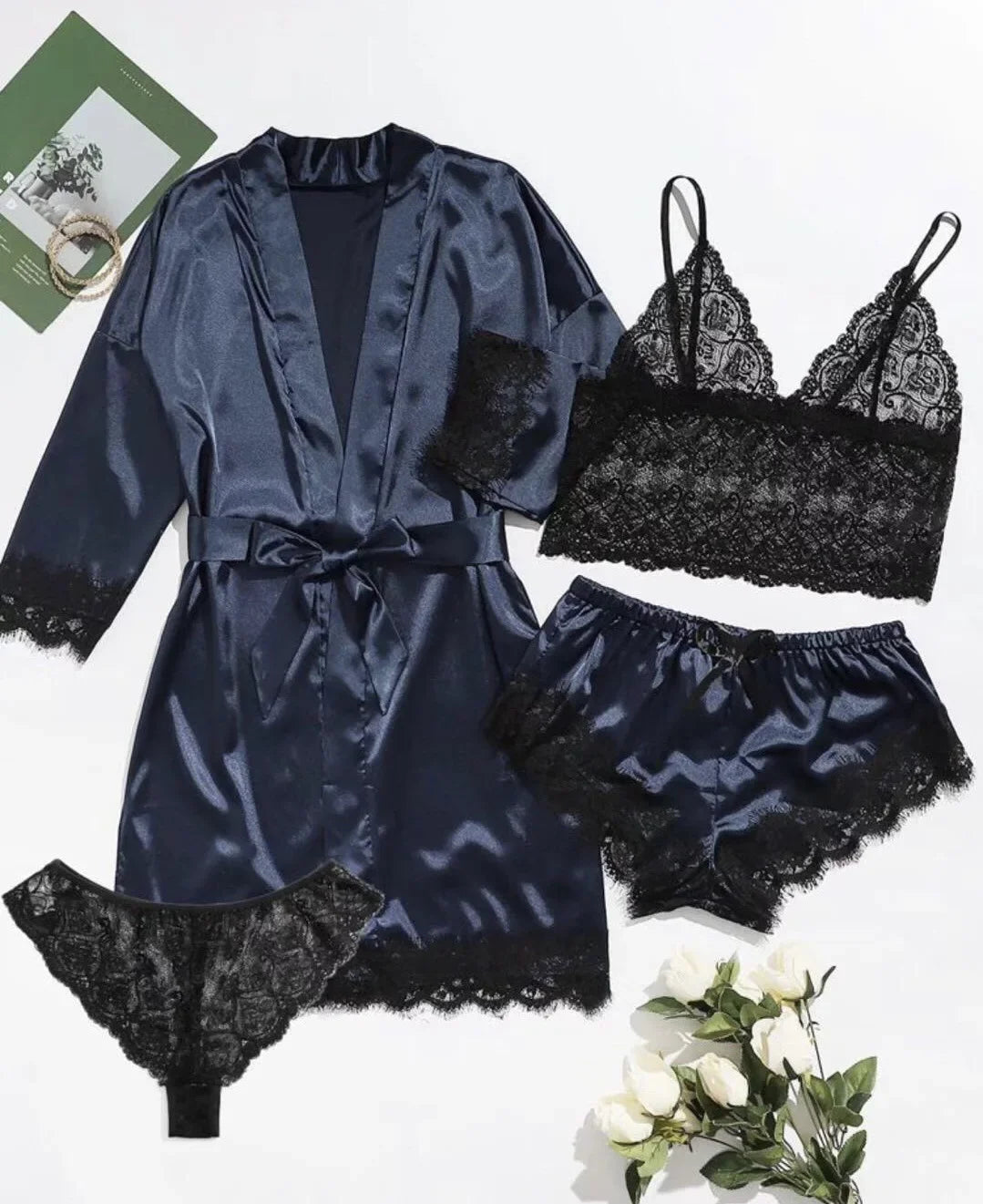Conjunto Pijama Sexy 4 Piezas con Encaje - Camisola, Shorts, Bata y Lencería Mujer