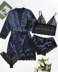 Conjunto Pijama Sexy 4 Piezas con Encaje - Camisola, Shorts, Bata y Lencería Mujer
