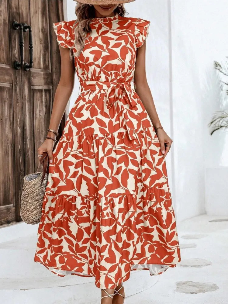 Floral Flying Sleeve Lace-Up Midi Dress | Elegant A-Line Empire Waist Women's Summer Dress