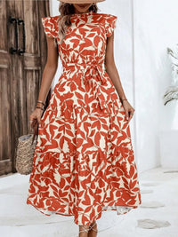 Floral Flying Sleeve Lace-Up Midi Dress | Elegant A-Line Empire Waist Women's Summer Dress