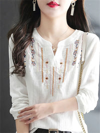 Embroidered V-Neck Blouse - White Long Sleeve Top