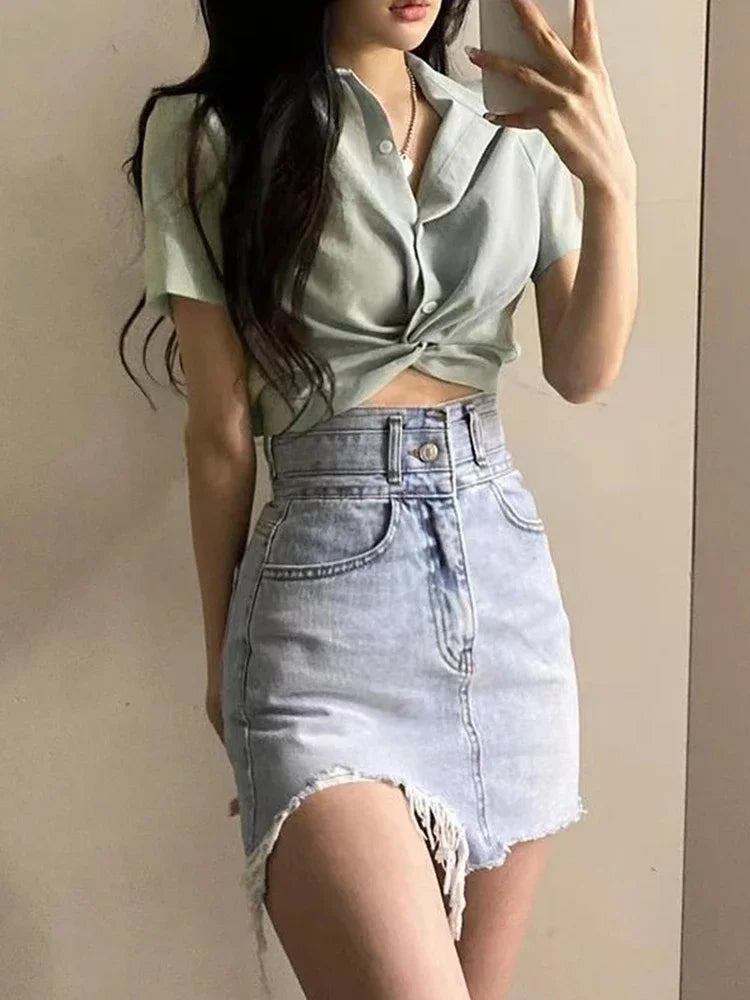 Cross-Front Turn-Down Collar Crop Blouse – Korean Chic Slim Fit Women's Summer Top
