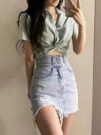 Cross-Front Turn-Down Collar Crop Blouse – Korean Chic Slim Fit Women's Summer Top