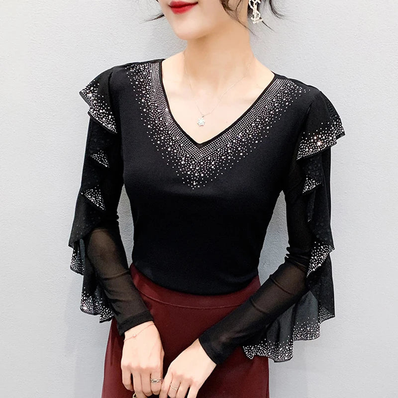 Korean Mesh Ruffle Top with Hot Diamonds | Long Sleeve Slim Fit Women's Shirt