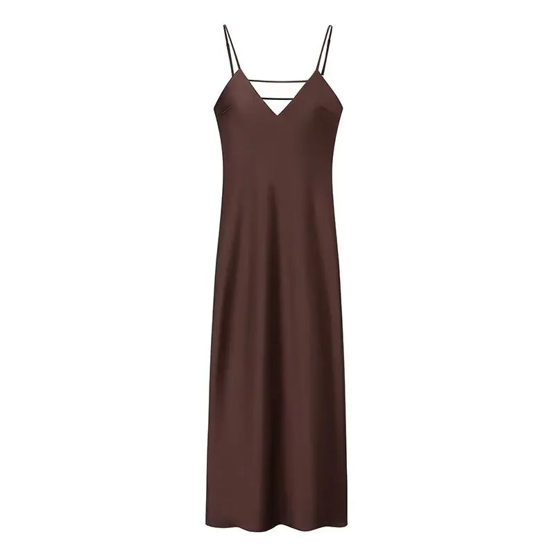 Vestido Satinado Amarillo Mujer - Maxi Vestido Cuello V Sin Mangas para Fiesta y Vacaciones