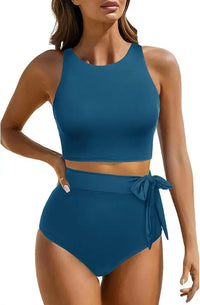 Women's High Waist Bandeau Bikini Set | Solid Color Sporty Swimwear | 2-Piece