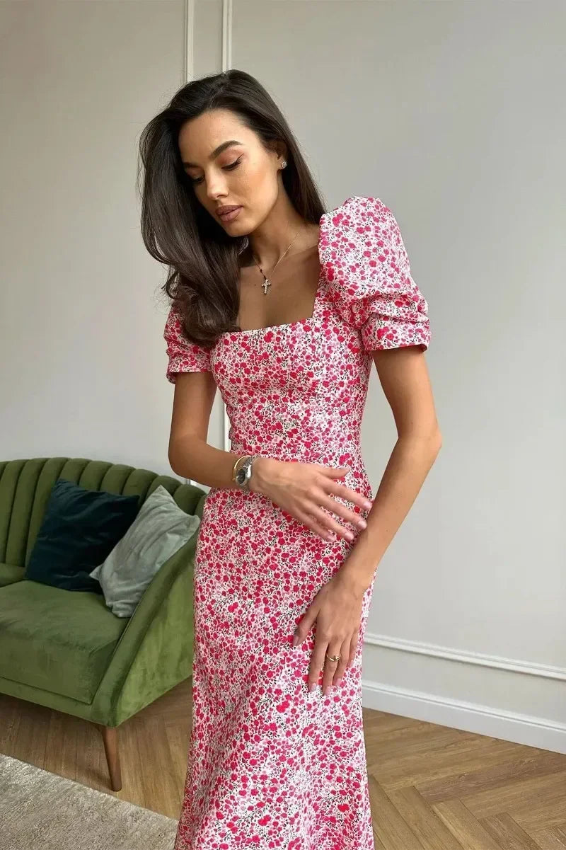 Vestido Midi Floral Coreano - Manga Corta Abullonada Elegante para Mujer