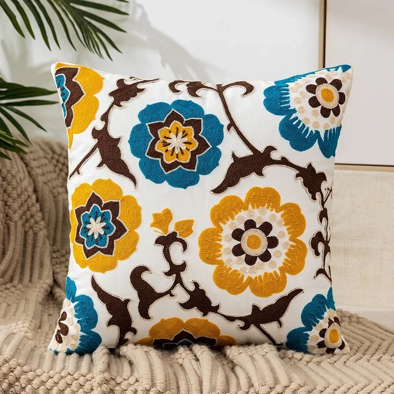 Floral Embroidered Cotton Pillow Cover - Rustic Decorative Cushion Case