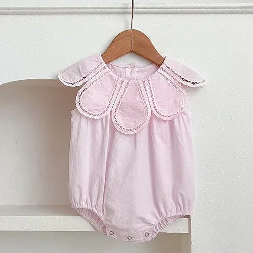 Baby Girls Petal Collar Cotton Romper | Sleeveless Patchwork Jumpsuit, Ages 0–24M