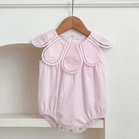 Baby Girls Petal Collar Cotton Romper | Sleeveless Patchwork Jumpsuit, Ages 0–24M